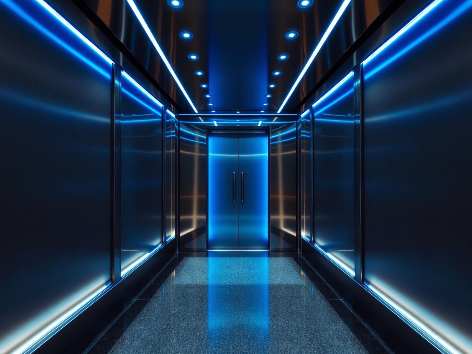 Ascensor moderno con iluminación LED azul, EXALT Chile